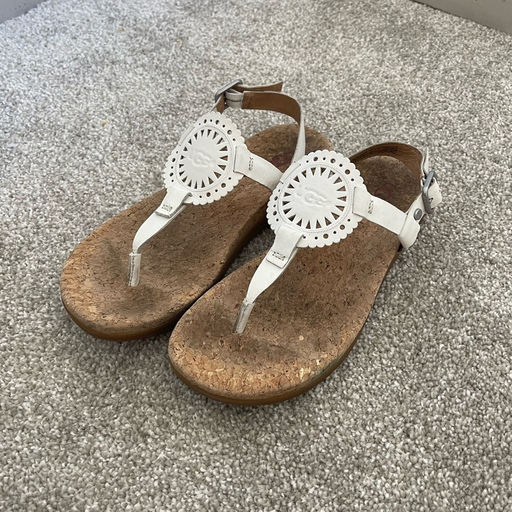 UGG AYDEN II White Women's T-Strap Leather Flat Sandals